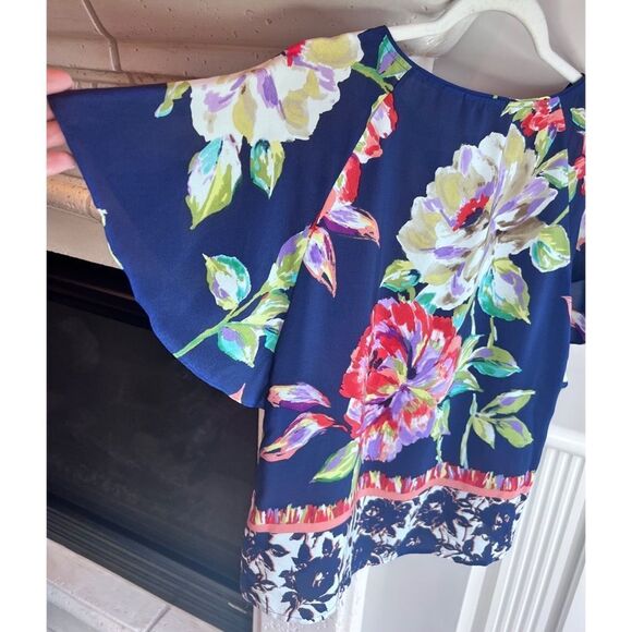 Anthropologie Maeve 100% Silk Navy Blue Floral Sheer Short Sleeve Blouse Sz 0 - Picture 6 of 8